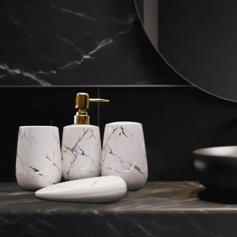 Marble Finished Bathroom Set in Gold and White